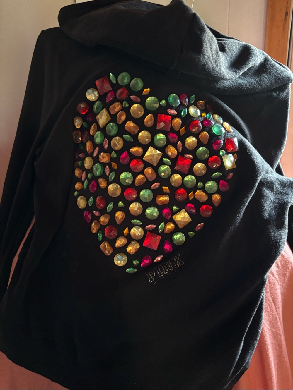 VINTAGE PINK Victoria's Secret Black Zip-Up Hoodie with Silver Trim